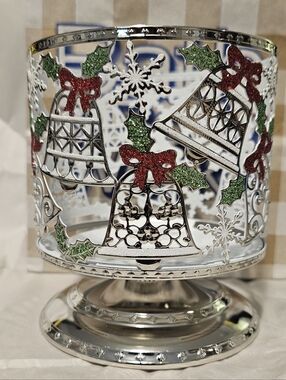 Silver Holiday Bell Candle Holder with Red Bows And Green Holly   Reitred